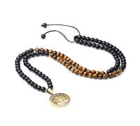 COAI Tree of Life Pendant Tiger Eye and Black Obsidian 108 Beads Mala Necklace
