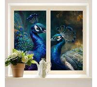 COALHO Abstract Beautiful Peacock UV Blocking Window Film Gold Blue Peacock Feathers Open Peacock Window Protection Static Decorative Window Stickers-60W x120L CM x2Pcs