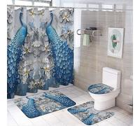 COALHO Abstract Colorful Peacock 4 Pcs Waterproof Shower Curtain Set Beautiful Flower Peacock Blue Feathers With Waterproof Toilet Cover Shower Mat Rugs,183x183CM