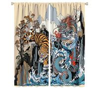 COALHO,Abstract Japanese Dragon Curtains Watercolor Anime Style Mountain Waterfall Tree Tiger Window Treatment Blackout Curtains Thermal Insulated Rod Pocket Curtain for Bedroom-2 Panels 54"L x 21"W