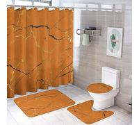 COALHO Abstract Modern Art Orange Marble 4 Pcs Bathroom Decorative Set Rustic Luxury Orange Golden Marble Shower Mat Shower Curtain With Rug 12 Hooks,183x183CM