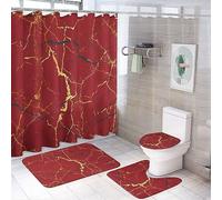 COALHO Abstract Modern Art Red Marble 4 Pcs Bathroom Decorative Set Rustic Luxury Red Golden Marble Shower Mat Shower Curtain With Rug 12 Hooks,183x183CM