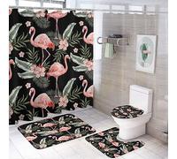 COALHO Abstract Pink Wildlife Flamingo 4 Pcs Bathroom Decorative Set Vintage Watercolor Flamingo Tropical Leaves Shower Mat Shower Curtain With Rug 12 Hooks,183x183CM