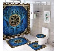 COALHO Abstract Retro Vikings Creative Bathroom Shower Curtain Set Cool Norse Mythology Mystical Symbol Viking Non Slip Waterproof Bath Mat Toilet Mat Rugs,183x183CM