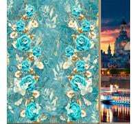 COALHO Abstract Turquoise Roses Privacy Blackout Window Film Vintage Romantic Floral Roses White Gold Leaf Reusable Self Adhesive Insulated Window Stickers-45W x60L CM x1Pcs