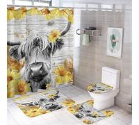 COALHO Abstract Yak Highland Cow 4 Pcs Bathroom Decorative Set Vintage Barn Door Watercolor Sunflower Cow Shower Mat Shower Curtain With Rug 12 Hooks,183x183CM