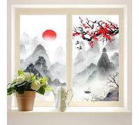 COALHO Asian Japanese Privacy Blackout Window Film Vintage Cherry Blossom Mountains Red Sun Ink Print Reusable Self Adhesive Insulated Window Stickers-60W x90L CM x2Pcs