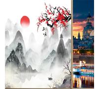 COALHO Asian Japanese Privacy Blackout Window Film Vintage Cherry Blossom Mountains Red Sun Ink Print Reusable Self Adhesive Insulated Window Stickers-45W x60L CM x1Pcs