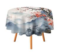 COALHO Beautiful Japanese Spring Bird Florals Round Tablecloth Polyester Round Table Cloth,Watercolor Nature Landscape Japan Red Sun Cherry BlossomsCircular Table Cloth For Kitchen Dinner-60