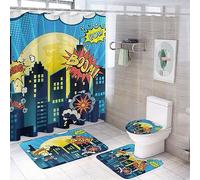 COALHO Comics Theme Boys 4 Pcs Bathroom Decorative Set Cartoon Moon City Night Buildings Scene Decor Shower Mat Shower Curtain With Rug 12 Hooks,183x183CM