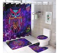 COALHO Cool Owl Creative Bathroom Shower Curtain Set Watercolor Mandala Forest Animal Owl Fantasy Galaxy Non Slip Waterproof Bath Mat Toilet Mat Rugs,183x183CM