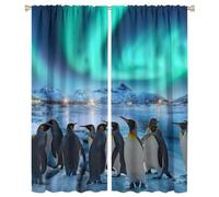 COALHO Cute Animal Penguin Curtains Rustic Nature Landscape Aurora Snow Mountain Print Window Treatment Blackout Curtains Thermal Insulated Rod Pocket Curtain for Bedroom-2 Panels 54" L x 21" W