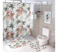 COALHO Flamingo 4 Pcs Waterproof Shower Curtain Set Watercolor Tropical Palm Leaves Flowers Cute Animal Flamingo With Waterproof Toilet Cover Shower Mat Rugs,183x183CM