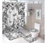 COALHO Flower Skull Crow 4 Pcs Bathroom Decorative Set Retro Tropical Floral Gothic Skeleton Butterflies Bird Print Shower Mat Shower Curtain With Rug 12 Hooks,183x183CM