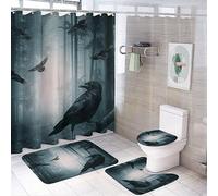 COALHO Foggy Forest Crow Pattern Creative Bathroom Shower Curtain Set Mystical Horror Gothic Misty Forest Night Non Slip Waterproof Bath Mat Toilet Mat Rugs,183x183CM