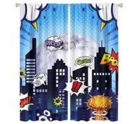 COALHO Funny City Theme Curtains Cartoon Boys Room Decor City Nights Comic Style Window Treatment Blackout Curtains Thermal Insulated Rod Pocket Curtain for Bedroom-2 Panels 54" L x 21" W