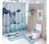 COALHO Funny Nautical Penguin 4 Pcs Waterproof Shower Curtain Set Cute Winter Ocean Animals Penguins With Waterproof Toilet Cover Shower Mat Rugs,183x183CM