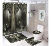 COALHO Halloween Gothic Creative Bathroom Shower Curtain Set Vintage Castle Horror Nostalgic Scary Arch Non Slip Waterproof Bath Mat Toilet Mat Rugs,183x183CM