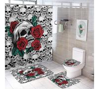COALHO Horror Skull Retro Creative Bathroom Shower Curtain Set Abstract Bones Style Skeleton Red Rose Design Non Slip Waterproof Bath Mat Toilet Mat Rugs,183x183CM