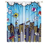 COALHO Modern Graffiti Superhero Theme Curtain Cool Teen Cartoon Comic Style City Superhero Print Window Treatments Thermal Insulated Rod Pocket Blackout Curtains for Bedroom-2 Panels 54" L x 21" W