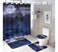 COALHO Moon Misty Forest 4 Pcs Waterproof Shower Curtain Set Nature Magical Foggy Fantasy Wild Deer With Waterproof Toilet Cover Shower Mat Rugs,183x183CM