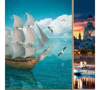 COALHO Nautical Theme Pirate Ship Privacy Blackout Window Film Retro Mid Century Ocean Sailboat Cloudy Sky Seagulls Reusable Self Adhesive Insulated Window Stickers-60W x120L CM x1Pcs