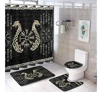 COALHO Norse Vikings 4 Pcs Bathroom Decorative Set Abstract Dragon Retro Mystical Symbol Compass Shower Mat Shower Curtain With Rug 12 Hooks,183x183CM