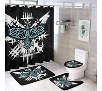 COALHO Norse Vikings 4 Pcs Bathroom Decorative Set Abstract Mid Century Mythology Mystical Symbol Design Shower Mat Shower Curtain With Rug 12 Hooks,183x183CM