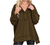 COALHO Oversized Pullover Tops for Women Winter Plus Size Button Down V Neck Sweatshirt Irregular Hem Blouse Long Sleeve Shirts