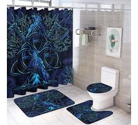 COALHO Psychedelic Abstract Viking 4 Pcs Waterproof Shower Curtain Set Colorful Trees Mystery Symbols Nordic Art Crow With Waterproof Toilet Cover Shower Mat Rugs,183x183CM