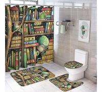 COALHO Retro Bookshelf Books 4 Pcs Waterproof Shower Curtain Set Abstract Books Bookshelf With Waterproof Toilet Cover Shower Mat Rugs,183x183CM