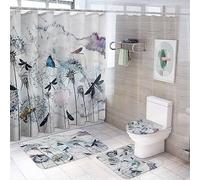 COALHO Retro Dandelion Dragonfly 4 Pcs Bathroom Decorative Set Abstract Modern Art Marble Butterfly Floral Shower Mat Shower Curtain With Rug 12 Hooks,183x183CM