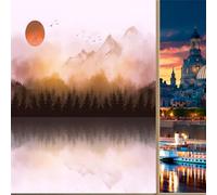 COALHO Retro Misty Mountain UV Blocking Window Film Watercolor Misty Forest Sunset Lake Birds Tree Window Protection Static Decorative Window Stickers,60W x90L(CM) x1Pcs