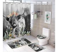 COALHO Rustic Highland Cow 4 Pcs Bathroom Decorative Set Vintage Farmhouse Misty Forest Sunflower Eucalyptus Shower Mat Shower Curtain With Rug 12 Hooks,183x183CM
