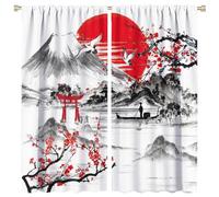 COALHO Rustic Mount Fuji Red Sun Curtains Vintage Ink Japanese Cherry Blossom Torii Crane Window Drapes Blackout Curtains Thermal Insulated Rod Pocket Curtain for Bedroom-2 Panels 63" L x 31.5" W