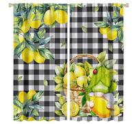 COALHO Rustic Tropical Fruit Lemon Tree Curtain Watercolor Farm Black&White Plaid Cute Gnome Window Drapes Thermal Insulated Rod Pocket Blackout Curtains for Bedroom-2 Panels 45" L x 21" W