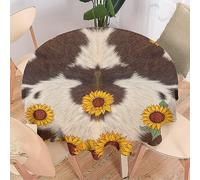 COALHO Sunflower Cow Home Decor Round Polyester Tablecloth Rustic Farmhouse Cowhide Sunflower Highland Cow Fur Print for Banquet Table Birthday Party Buffet Wedding 92x92CM(36x36in)