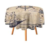 COALHO Vintage Nautical Sailboats Circular Tablecloth For Kitchen,Rustic Old Maps Rudders Anchors Abstract Starfish Coast Lighthouses Round Tablecloth Waterproof Table Cloth For Picnic Outdoor-60