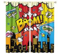 COALHO Watercolor 70s Comic Style Superhero Curtain Funny Cartoon City Night Building Scene Print Window Treatments Thermal Insulated Rod Pocket Blackout Curtains for Bedroom-2 Panels 45" L x 21" W