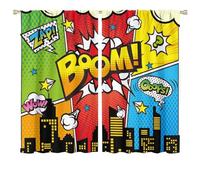 COALHO Watercolor 70s Comic Style Superhero Curtain Funny Cartoon City Night Building Scene Print Window Treatments Thermal Insulated Rod Pocket Blackout Curtains for Bedroom-2 Panels 63" L x 36" W