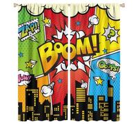 COALHO Watercolor 70s Comic Style Superhero Curtain Funny Cartoon City Night Building Scene Print Window Treatments Thermal Insulated Rod Pocket Blackout Curtains for Bedroom-2 Panels 63" L x 27.5" W