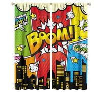 COALHO Watercolor 70s Comic Style Superhero Curtain Funny Cartoon City Night Building Scene Print Window Drapes Thermal Insulated Rod Pocket Blackout Curtains for Bedroom-2 Panels 54" L x 21" W