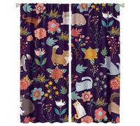 COALHO Watercolor Cute Cat Theme Curtains Modern Spring Garden Floral Leaves Pet Cat Window Treatment Blackout Curtains Thermal Insulated Rod Pocket Curtain for Bedroom-2 Panels 54" L x 21" W