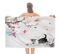 COALHO Watercolor Japanese Floral Bird Oversized Beach Towel,Cute Pet Cat Spring Japan Cherry Blossom Beach Towel Lightweight Quick Drying Absorbent Bathroom Towel-51 x31
