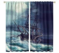 COALHO Watercolor Nautical Octopus Curtain Vintage Ocean Animal Sea Wave Pirate Ship Octopus Window Drapes Thermal Insulated Rod Pocket Blackout Curtains for Bedroom-2 Panels 45" L x 21" W