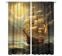 COALHO Watercolor Nautical Pirate Ship Curtains Rustic Ocean Adventure Pirate Ship Waves Full Moon Window Drapes Blackout Curtains Thermal Insulated Rod Pocket Curtain- 2 Panels 63" L x 27.5" W