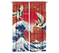 COALHO Watercolor Red Crowned Crane Curtains Sunrise Waves Japanese Flying Crane Pattern Window Treatment Blackout Curtains Thermal Insulated Rod Pocket Curtain for Bedroom-2 Panels 63" L x 21" W