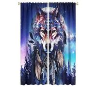COALHO Watercolor Wildlife Wolf Curtain Rustic Space Galaxy Forest Wolf Dreamcatcher Feather Window Treatments Thermal Insulated Rod Pocket Blackout Curtains for Bedroom- 2 Panels 63" L x 21" W
