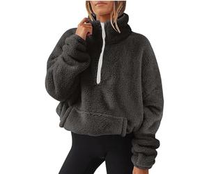 COALHO Women Pullover Half Zip Fuzzy Fleece Oversized Sweatshirt Long Sleeve Fluffy Quarter Zip Pullover with Pocket