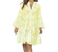 COALHO Women's Embroidery Lace Shirt Dress 2024 Loose Hollow Out Dress Summer Long Sleeve Button Down Short Dresses